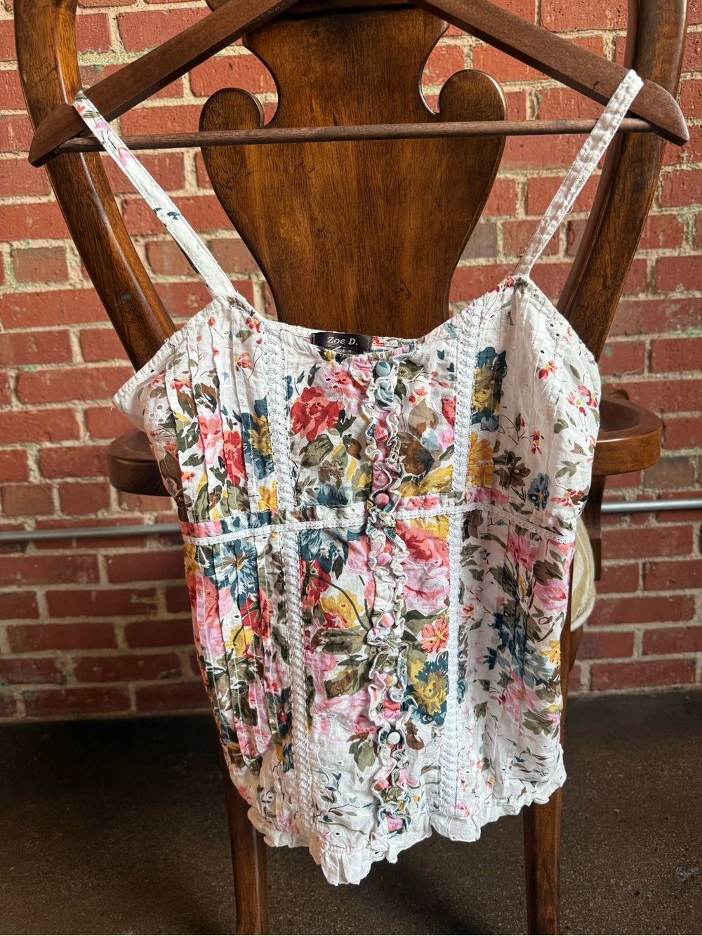 Zoe D Floral Cottagecore Ruffle Button Cami Tank Top Size Small